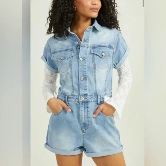 Altar'd State Light Blue Denim Skylar Romper XS - Like New - Picture 6 of 7